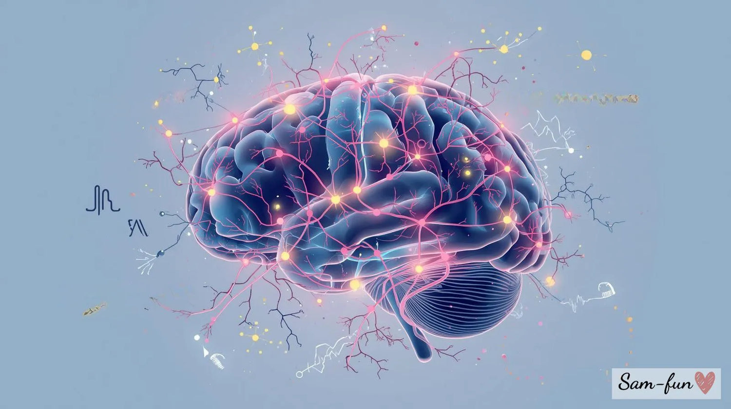 Wetenschappelijke basis van affirmaties - illustratie van hersenen met neurale verbindingen en positieve affirmaties