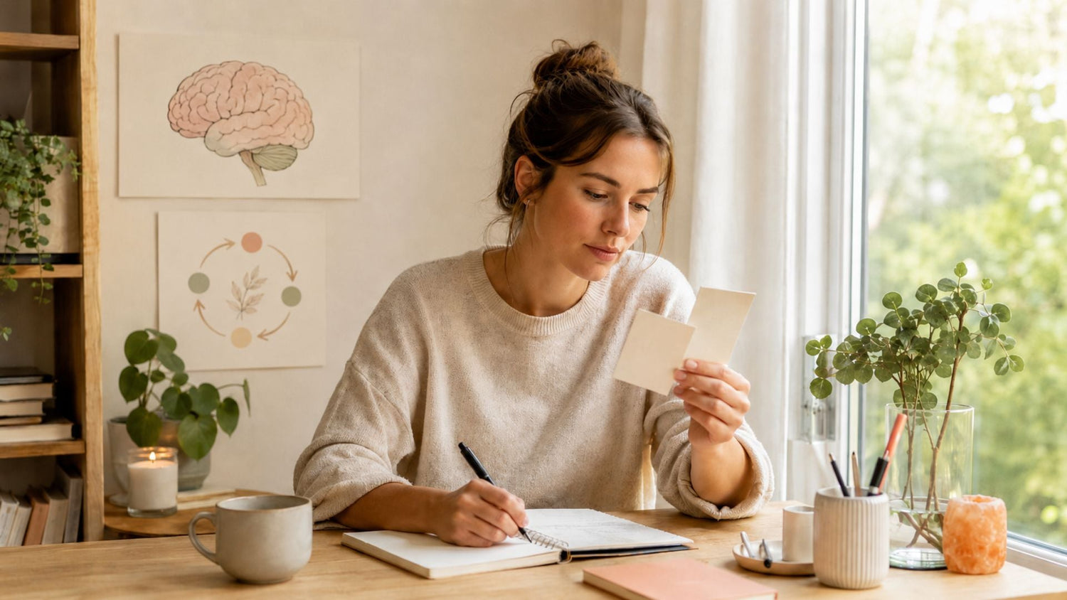 Een vrouw bekijkt affirmatiekaartjes aan een lichte werkplek, met zachte illustraties van een brein en herhaling aan de muur als verwijzing naar de wetenschap achter affirmaties.