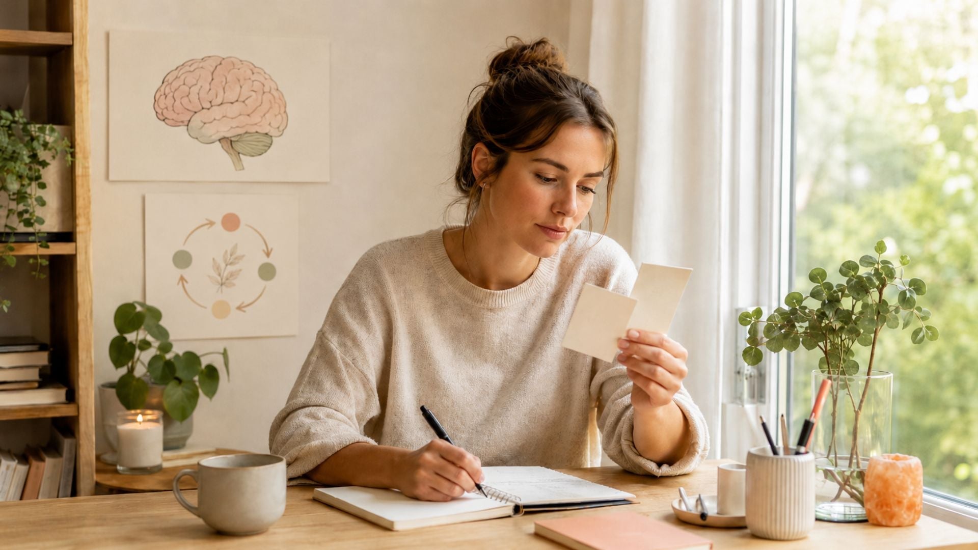 Een vrouw bekijkt affirmatiekaartjes aan een lichte werkplek, met zachte illustraties van een brein en herhaling aan de muur als verwijzing naar de wetenschap achter affirmaties.