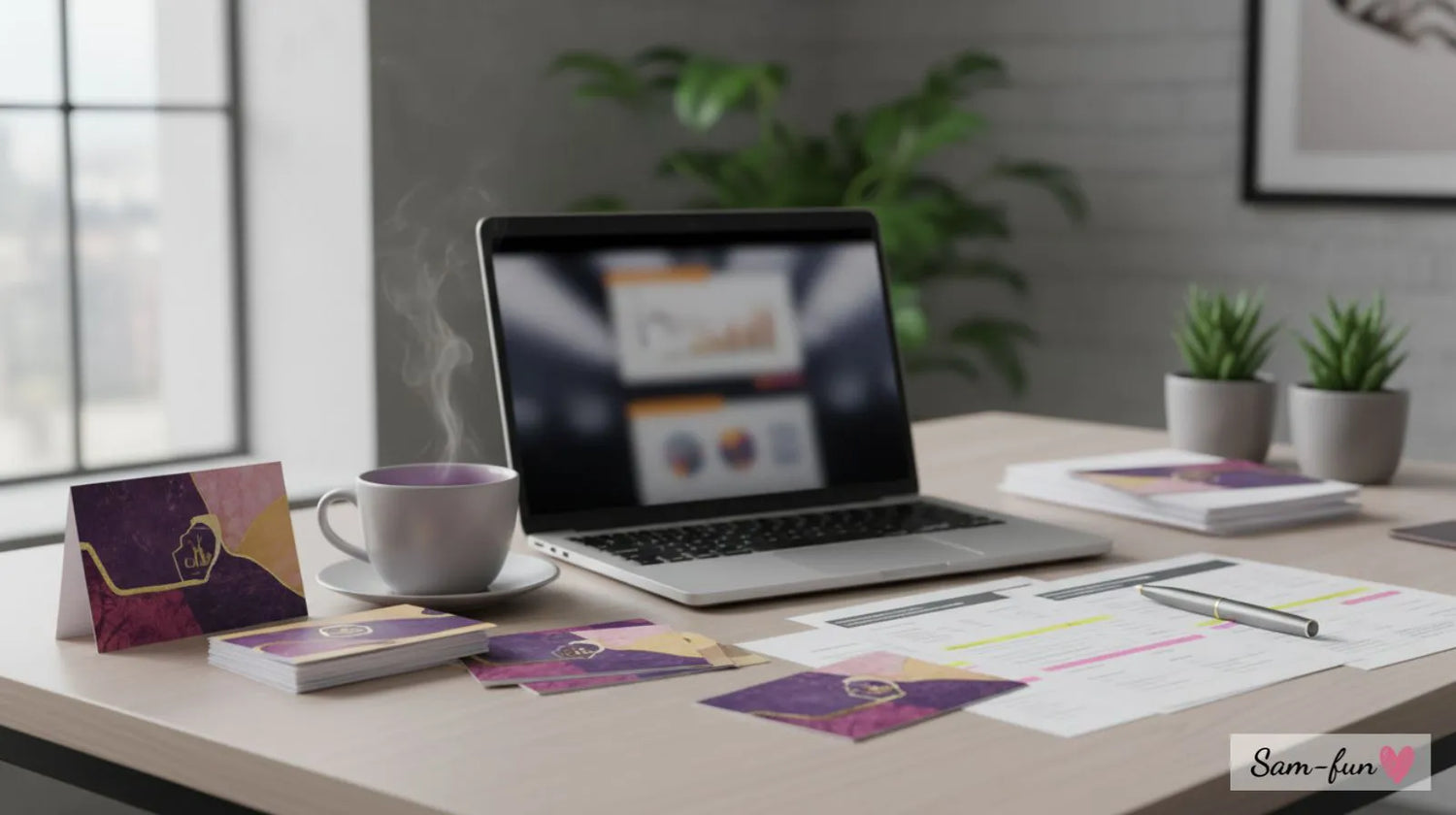 Zakelijke wenskaarten op modern bureau met laptop endocumenten, professionele zakelijke setting