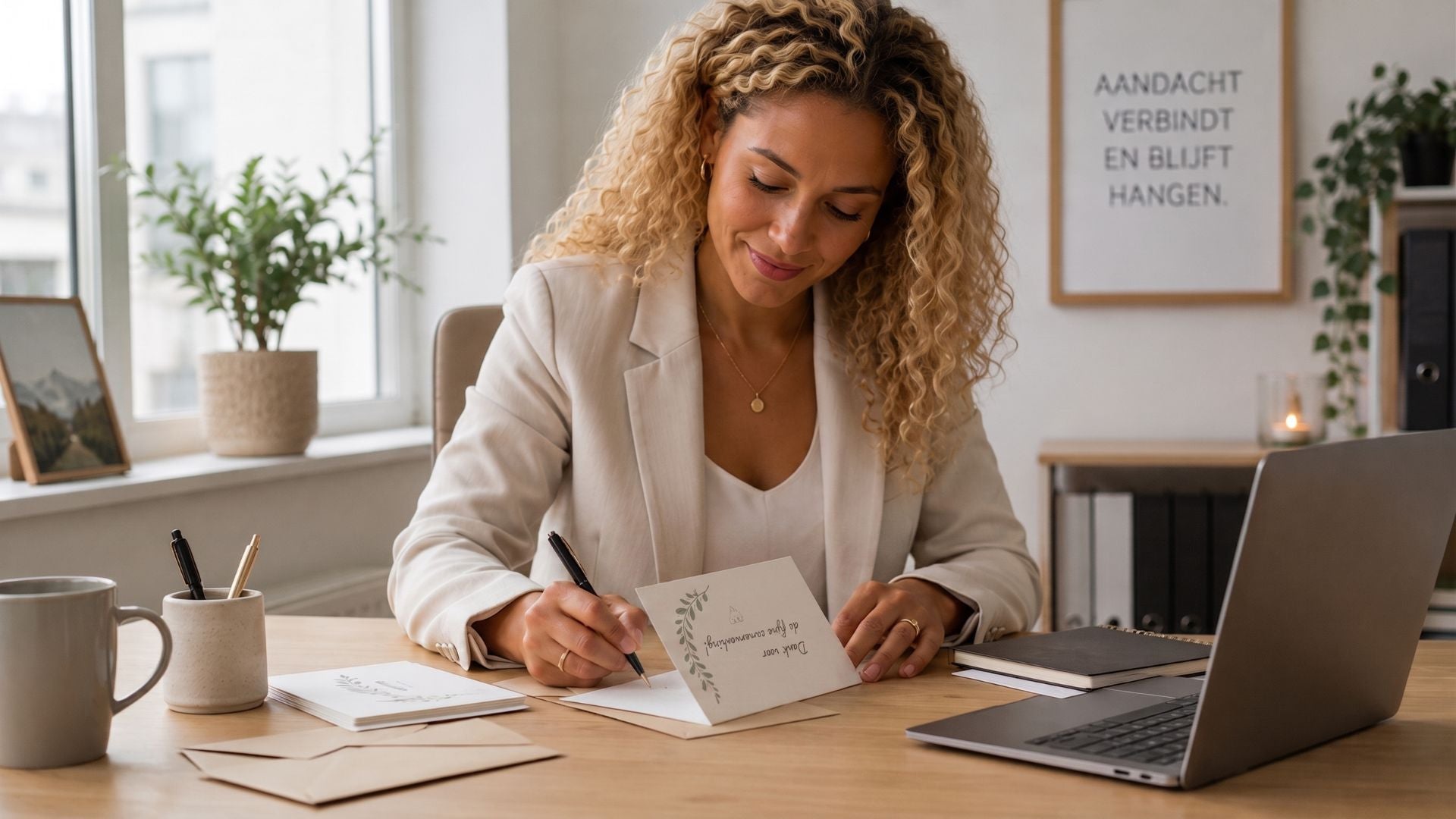 Een vrouw schrijft in een lichte werkruimte een zakelijke wenskaart naast een laptop en gesloten enveloppen.