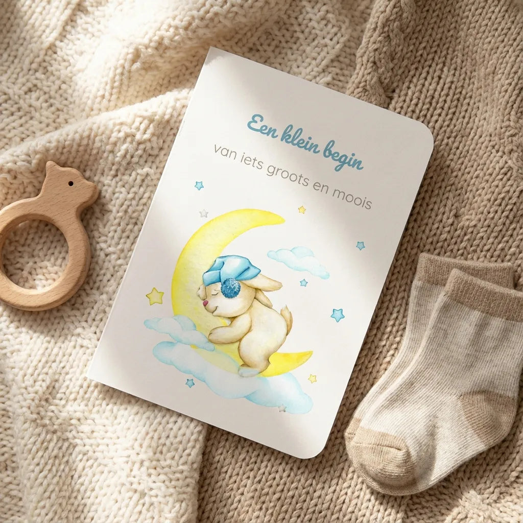 Babykaart met afgeronde hoeken op gebreide deken met houten speelgoed en babysokjes