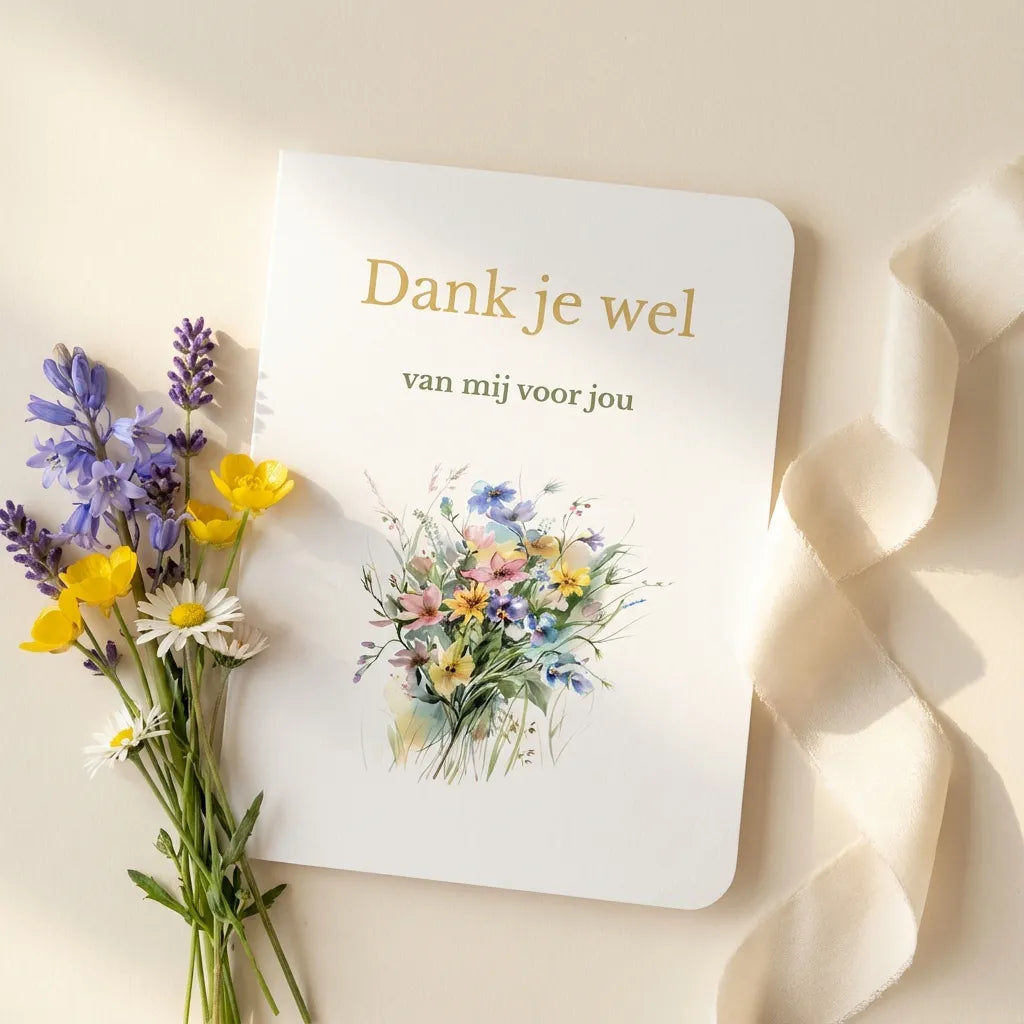 Bedankkaart met afgeronde hoeken op lichte achtergrond met klein boeketje bloemen en lint