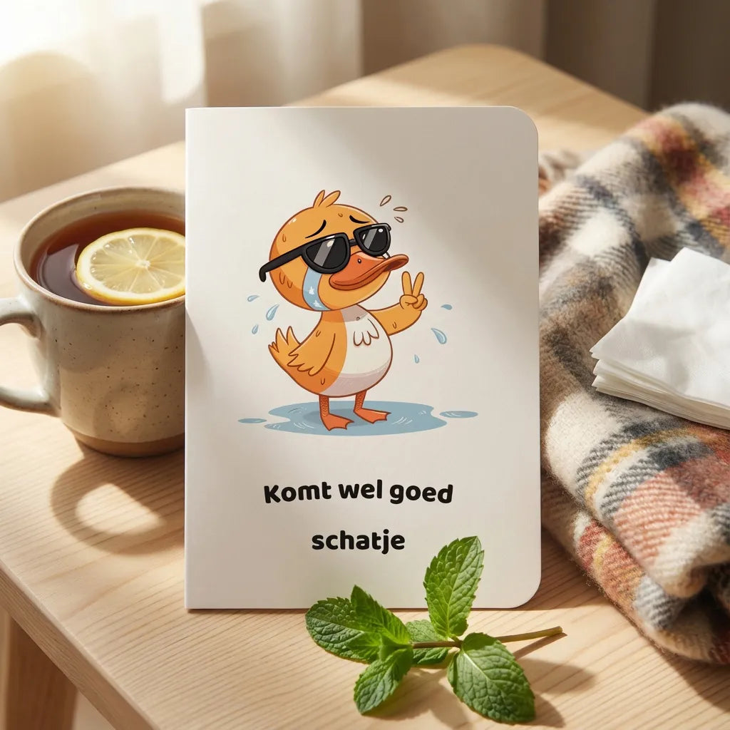 Beterschapskaart met afgeronde hoeken op houten tafel met thee, plaid en zakdoekjes