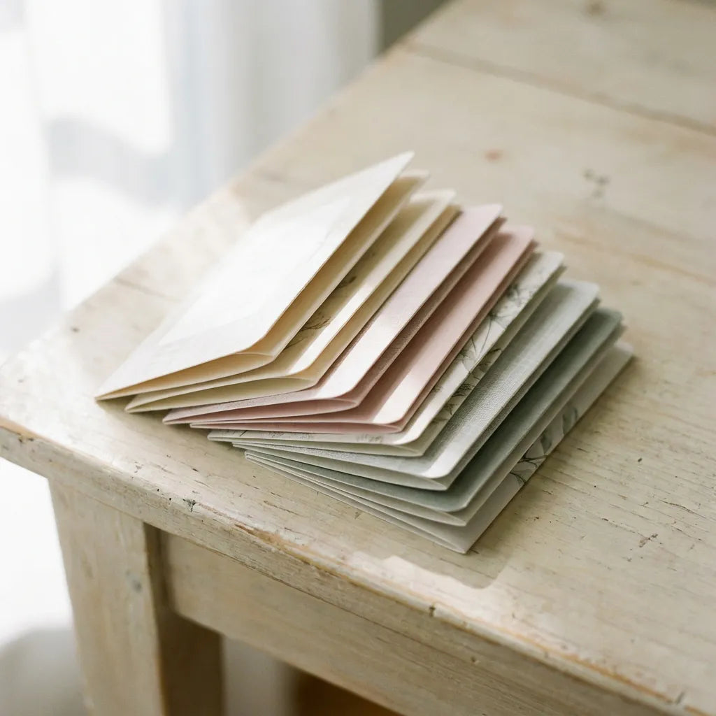 Vierkante foto van waaiervormige stapel gevouwen kaarten in zachte kleuren op houten tafel als beeld voor dubbele kaarten