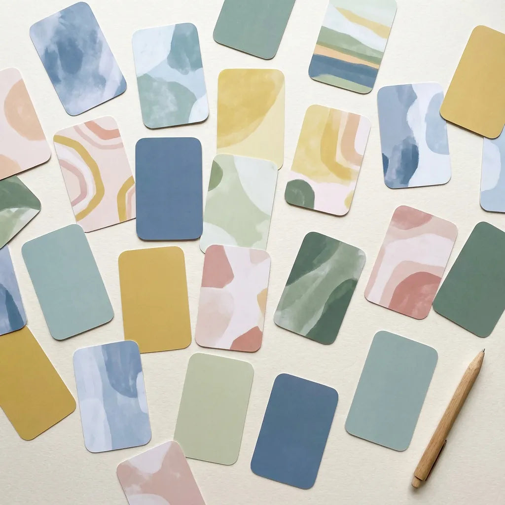 Vierkante flatlay van diverse enkele kaarten in zachte kleuren op lichte achtergrond als algemeen beeld voor enkele kaarten