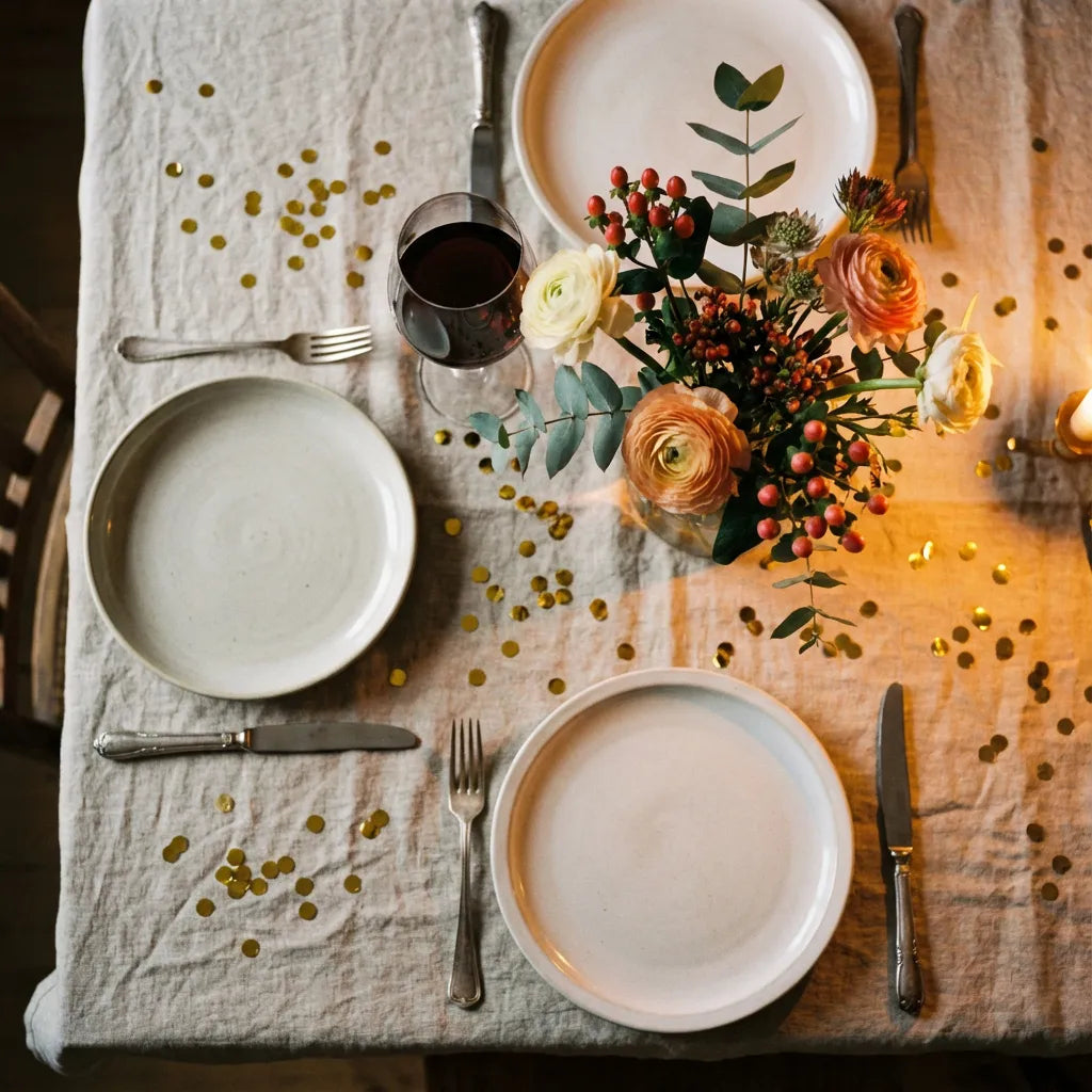 Vierkante foto van feestelijke tafelsetting met borden, glas, bloemen en confetti als algemeen feestdagenbeeld
