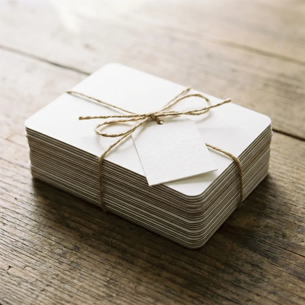 Vierkante foto van gebonden stapel kaarten met touwtje als algemeen beeld voor kaartensets