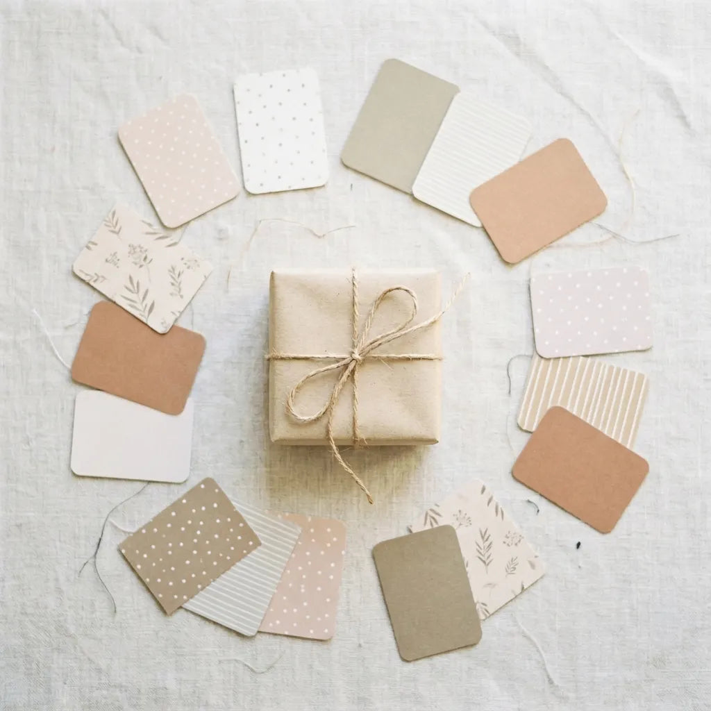 Vierkante foto van klein cadeautje omringd door minikaartjes in zachte kleuren als algemeen beeld voor minikaarten