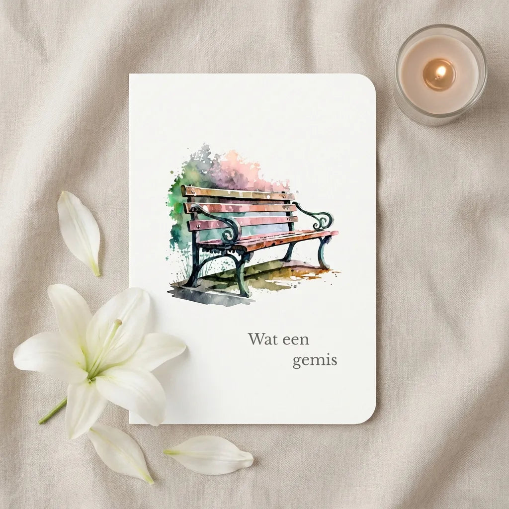 Condoleancekaart met afgeronde hoeken op beige linnen ondergrond met witte bloem en brandend kaarsje