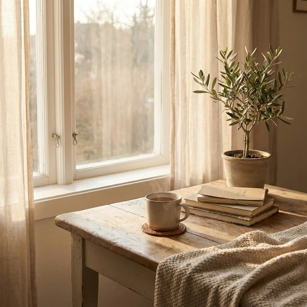 Sfeervol collectiebeeld voor dagelijkse affirmaties met warm natuurlijk licht, rustige interieurdetails en een kalme, inspirerende sfeer