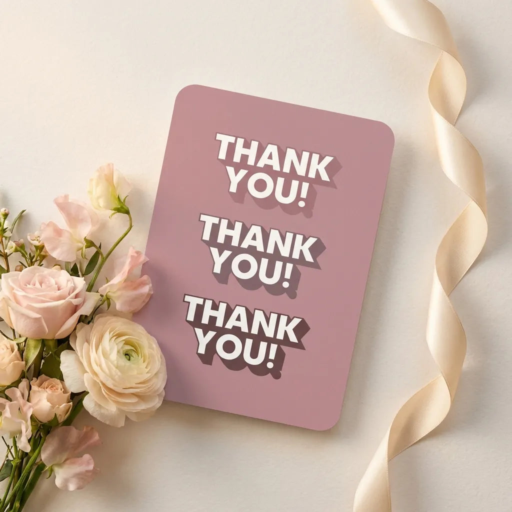 Bedankkaart met afgeronde hoeken op lichte achtergrond met boeketje bloemen en satijnen lint