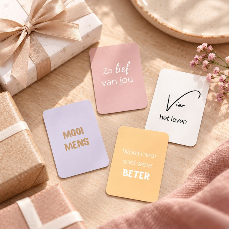 Vier verschillende minikaarten van Sam-fun bij feestelijk ingepakte cadeaus