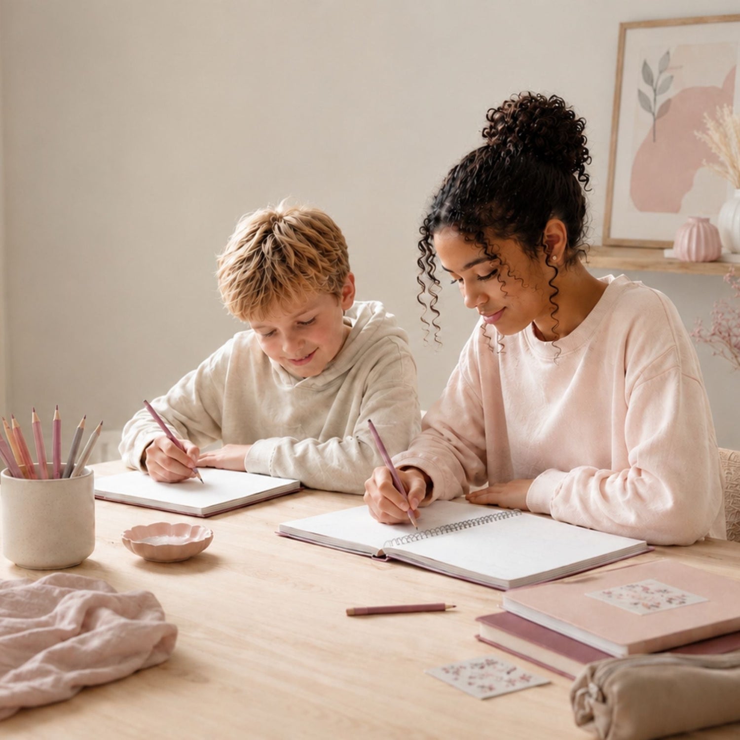Sfeerbeeld van een donker tienermeisje en een blonde jongen die samen schrijven aan tafel in een licht interieur.
