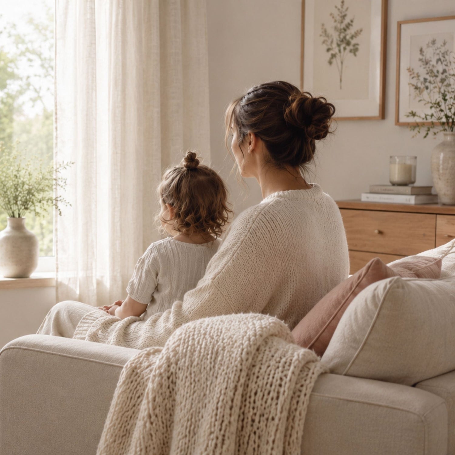Sfeerbeeld van moederschap en ouderschap met een moeder en kind samen in een rustig licht interieur.