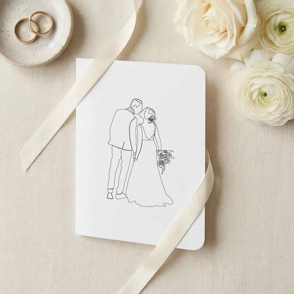 Trouwen kaart met afgeronde hoeken op linnen ondergrond met trouwringen, witte bloemen en zijden lint