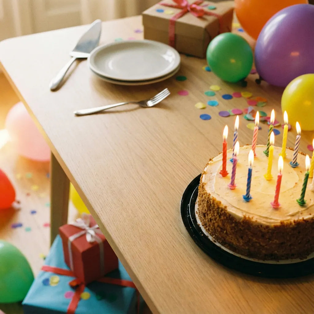 Vierkante foto van verjaardagstaart met brandende kaarsjes en leeg bordje op lichte tafel als algemeen verjaardagsbeeld