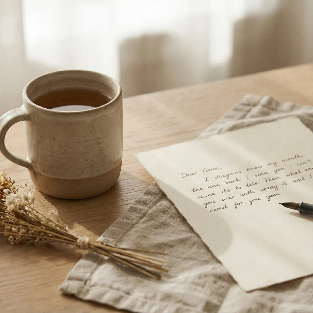 Sfeervol beeld met warme tinten en rustige styling dat het moment van een persoonlijke boodschap schrijven uitstraalt
