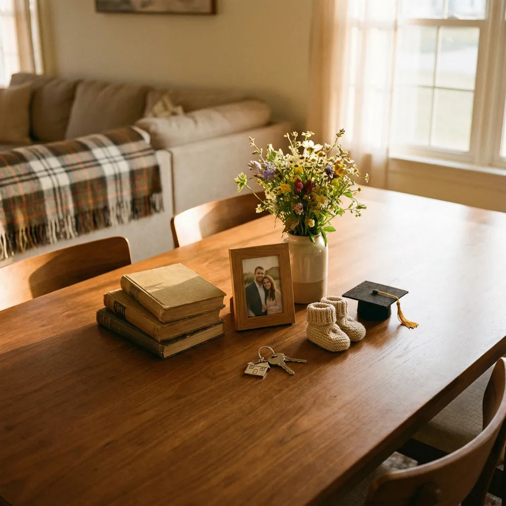 Lifestyle sfeerbeeld met bloemen, boeken, sleutels, babysokje en afstudeerhoedje als symbolen voor verschillende wenskaarten gelegenheden