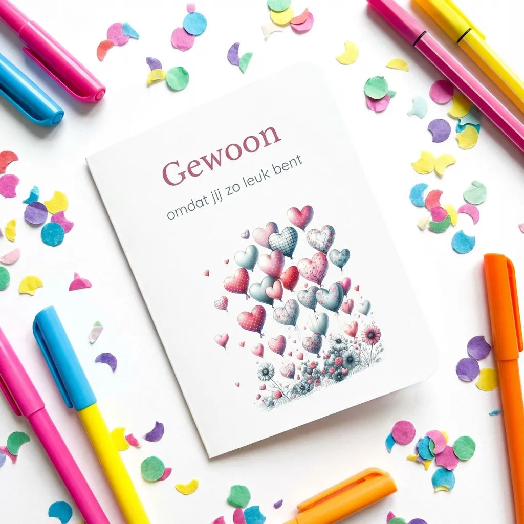 Zomaarkaart met afgeronde hoeken op witte achtergrond met confetti en kleurrijke pennen