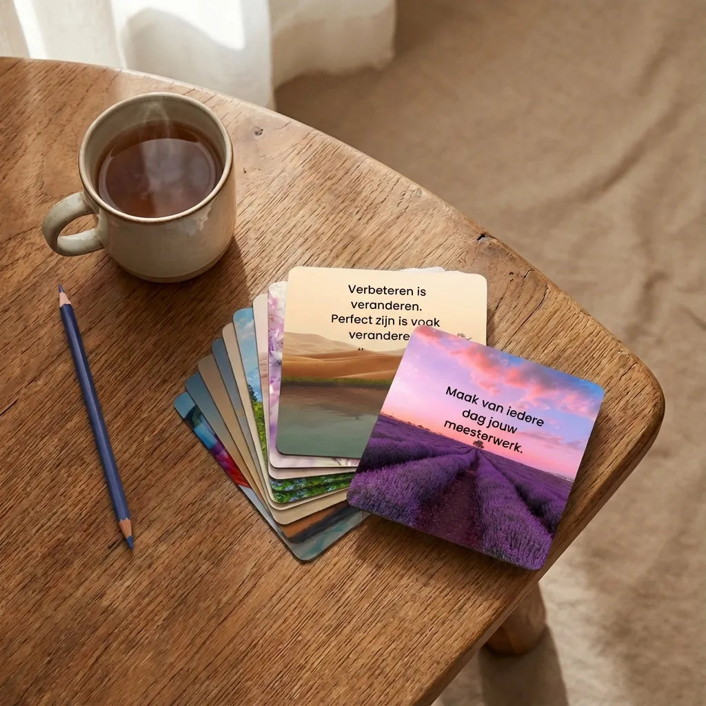 Flatlay van de 365 dagen positieve inspiratie kaartenset op houten tafel, stapel kaarten met één kaart iets uitgetrokken, subtiele props, rustige minimalistische stijl