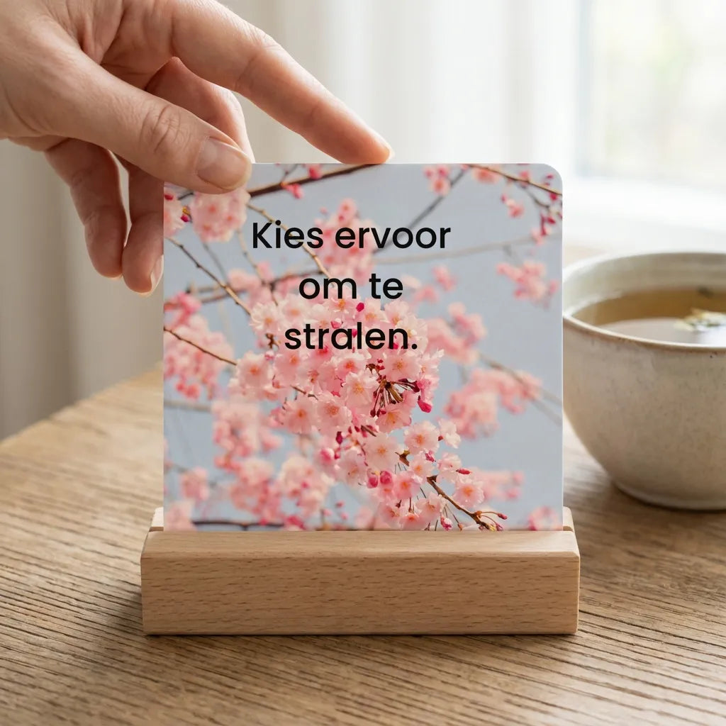 Affirmatiekaart van 9 x 9 cm uit de 365 dagen positieve inspiratie set in houten houder, licht aangeraakt door een hand, rustige dagelijkse setting met natuurlijk licht