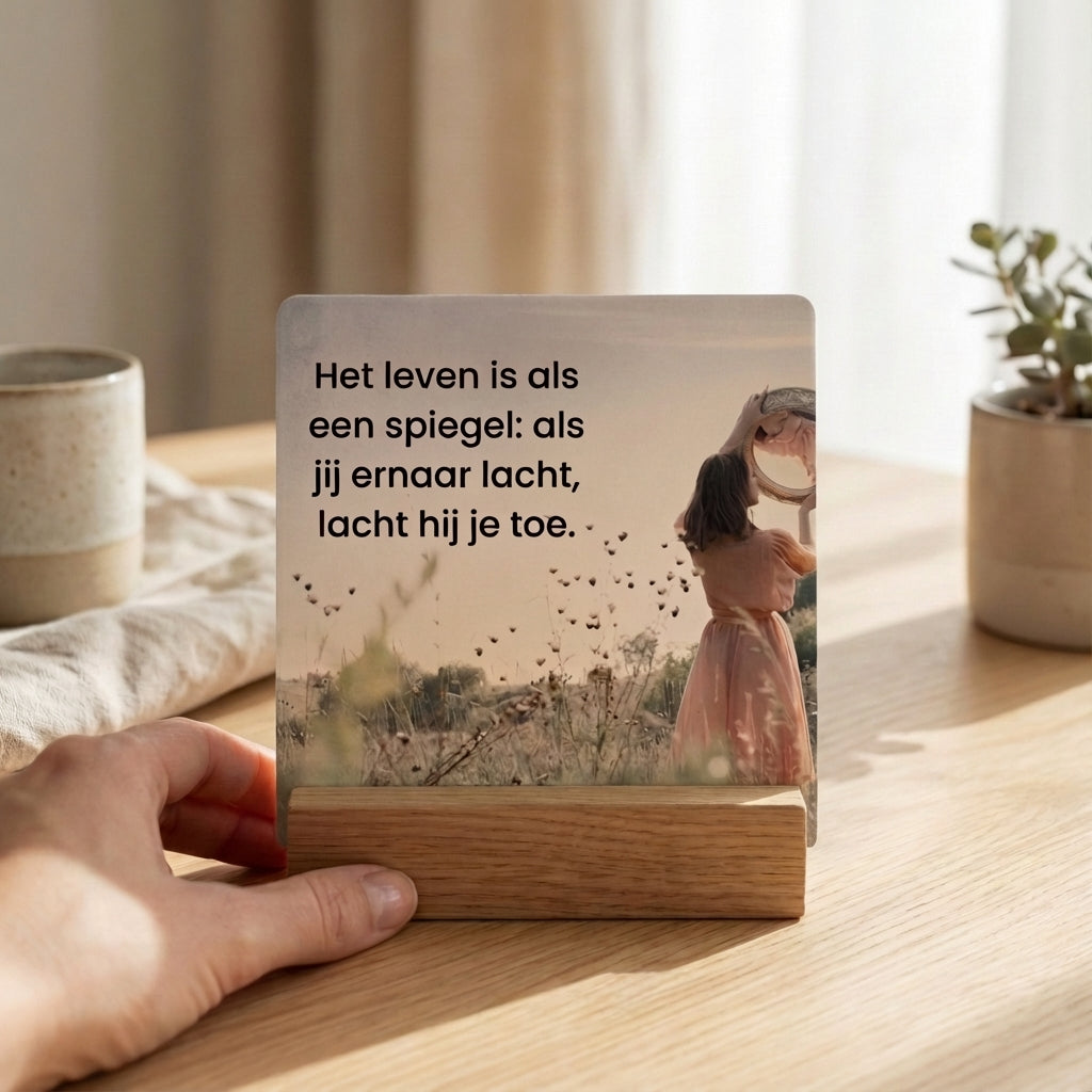 Affirmatiekaart uit de 365 dagen positieve inspiratie set in houten houder, rustig persoonlijk moment met subtiele menselijke aanwezigheid