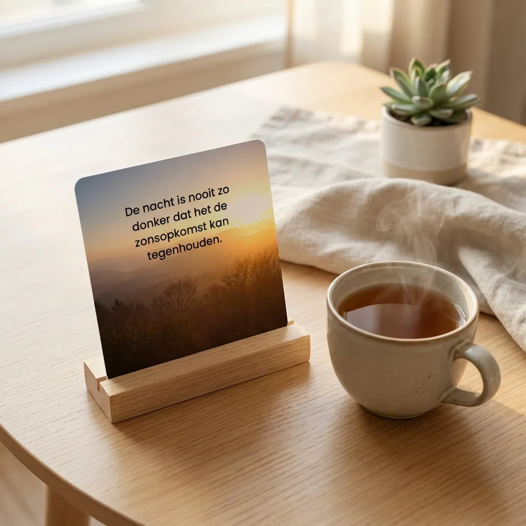 Affirmatiekaart uit de 365 dagen positieve inspiratie set in houten houder naast een kop thee, symbool voor een dagelijks rustmoment