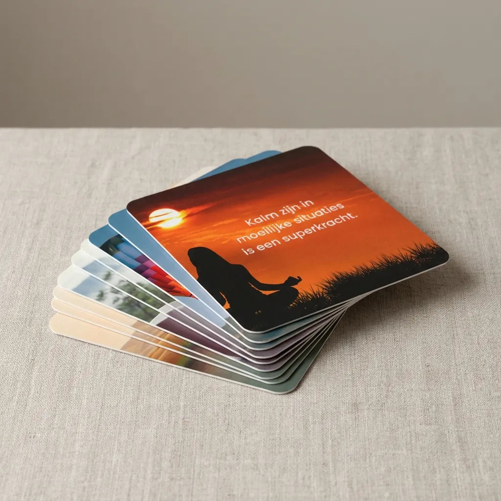 Stapel vierkante affirmatiekaarten van 9 x 9 cm uit de 365 dagen positieve inspiratie set, minimalistisch en rustig gefotografeerd