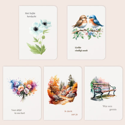 "Vijf condoleancekaarten met anemonen, vogeltjes, bloemenboeket, herfstlandschap en bankje uit de set Woorden van troost"