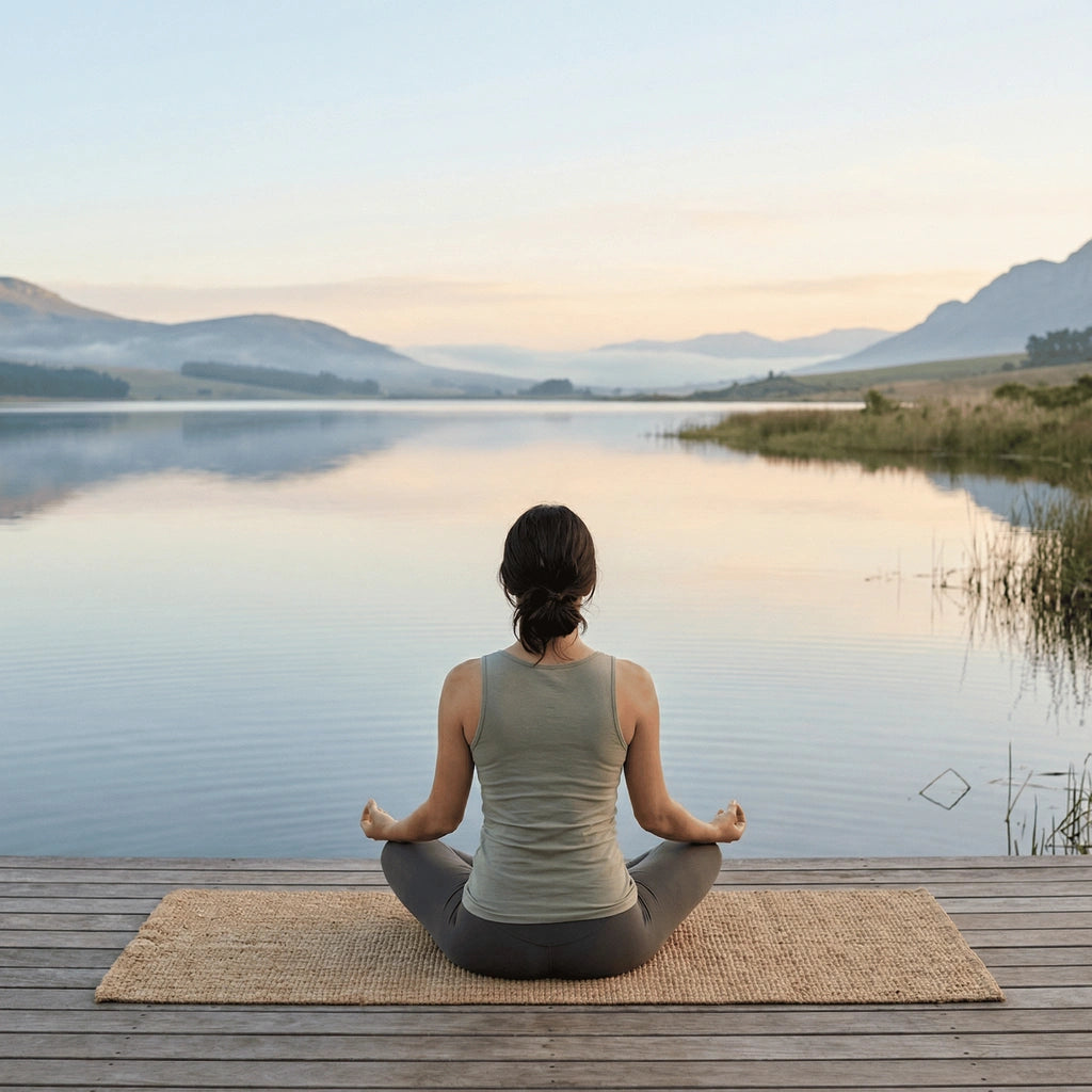 Vrouw in meditatiehouding aan een rustig meer, symbool voor innerlijke rust en persoonlijke groei.