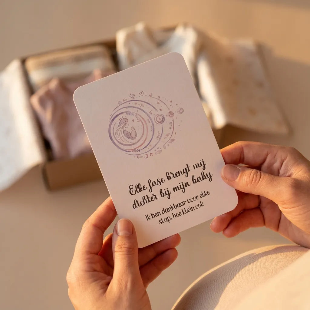 Aanstaande moeder houdt affirmatiekaart bevalling vast met babypakje, emotionele lifestyle foto vol moed en kracht