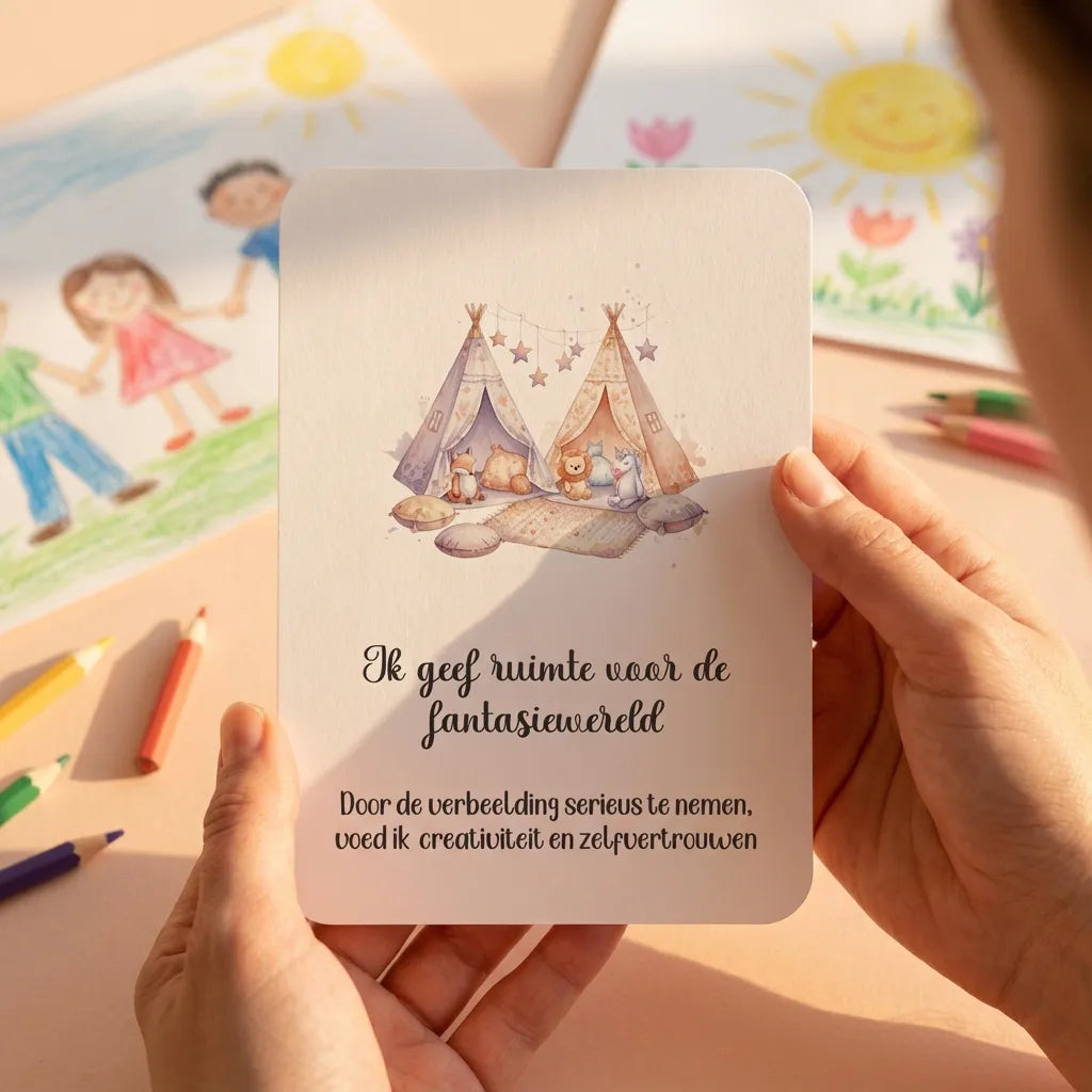 Ouder houdt affirmatiekaart vast met kindertekenwerk en kleurpotloden, lifestyle foto vol creativiteit en vreugde