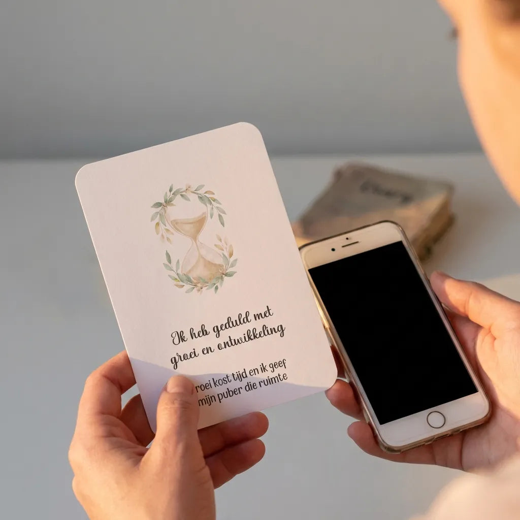 Ouder houdt affirmatiekaart vast met tiener smartphone en dagboek, lifestyle foto vol respect en vertrouwen