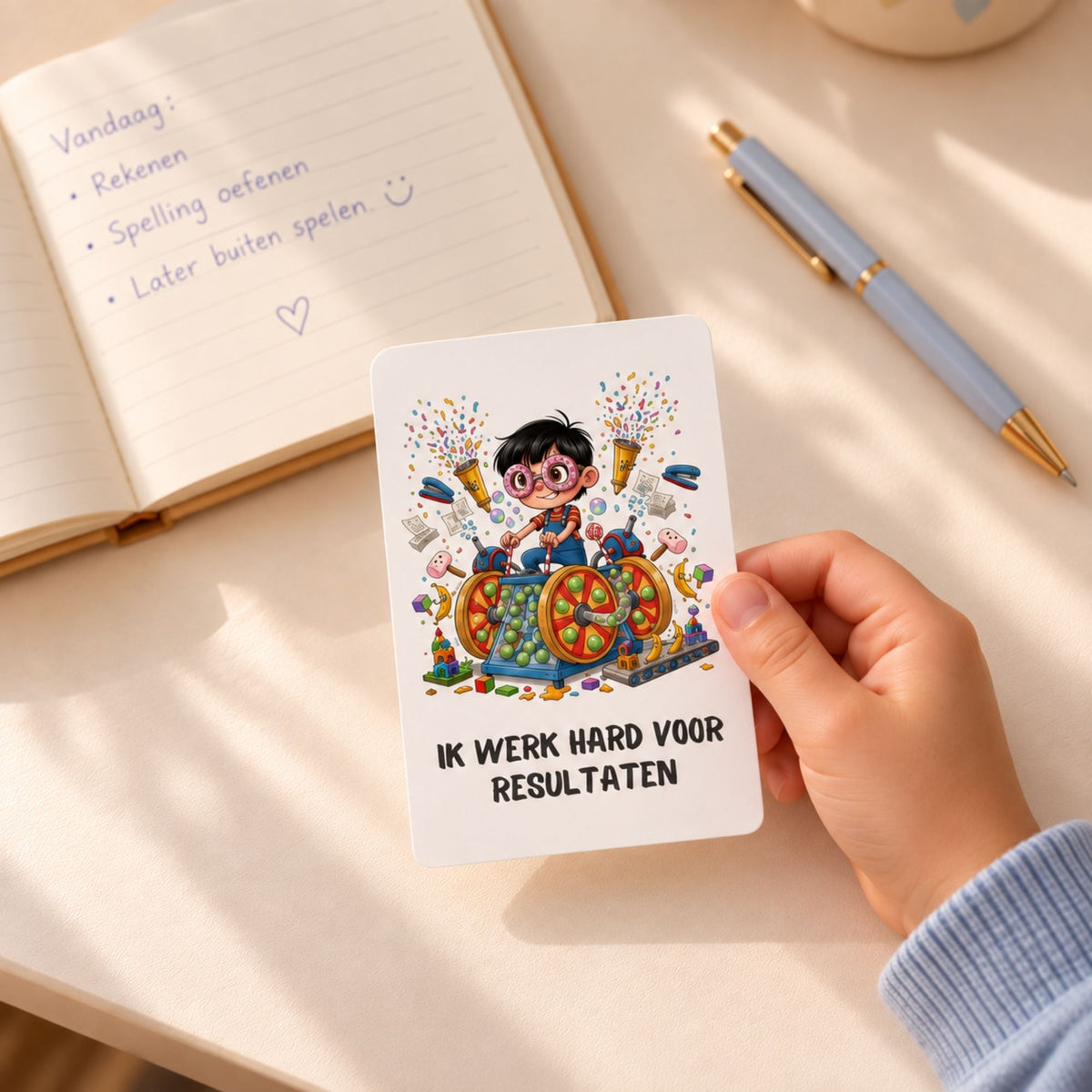 Schoolkind gebruikt een affirmatiekaart bij een open schrift op een licht bureau
