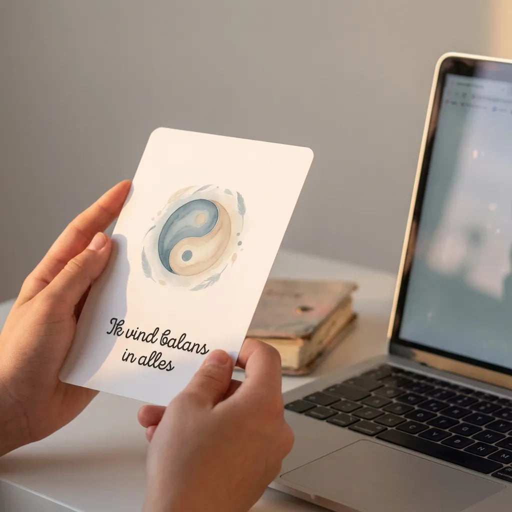 Tiener handen houden affirmatiekaart vast met laptop en dagboek, lifestyle foto vol zelfvertrouwen en onafhankelijkheid