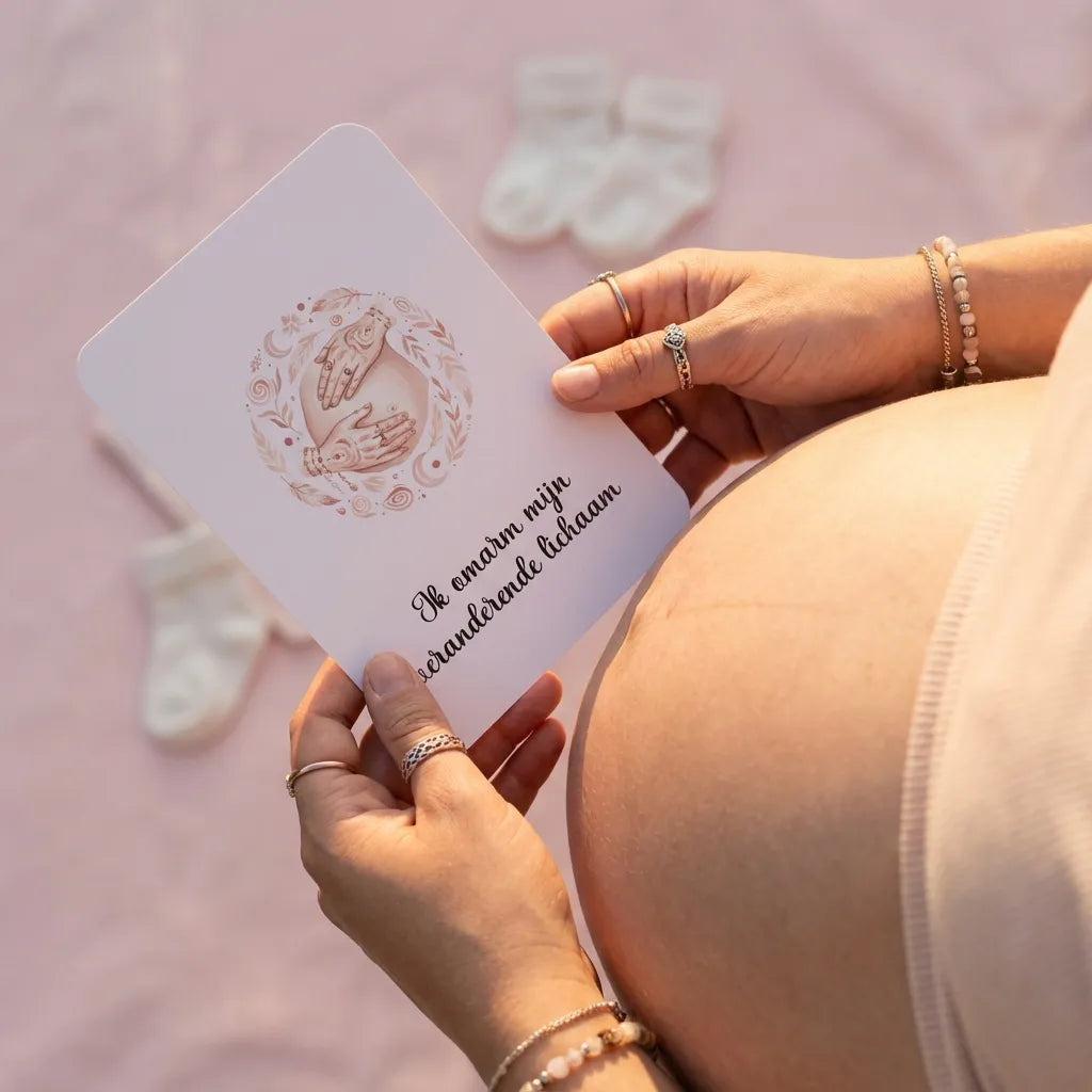Zwangere vrouw houdt affirmatiekaart vast met baby sokjes, lifestyle foto vol anticipatie en tederheid