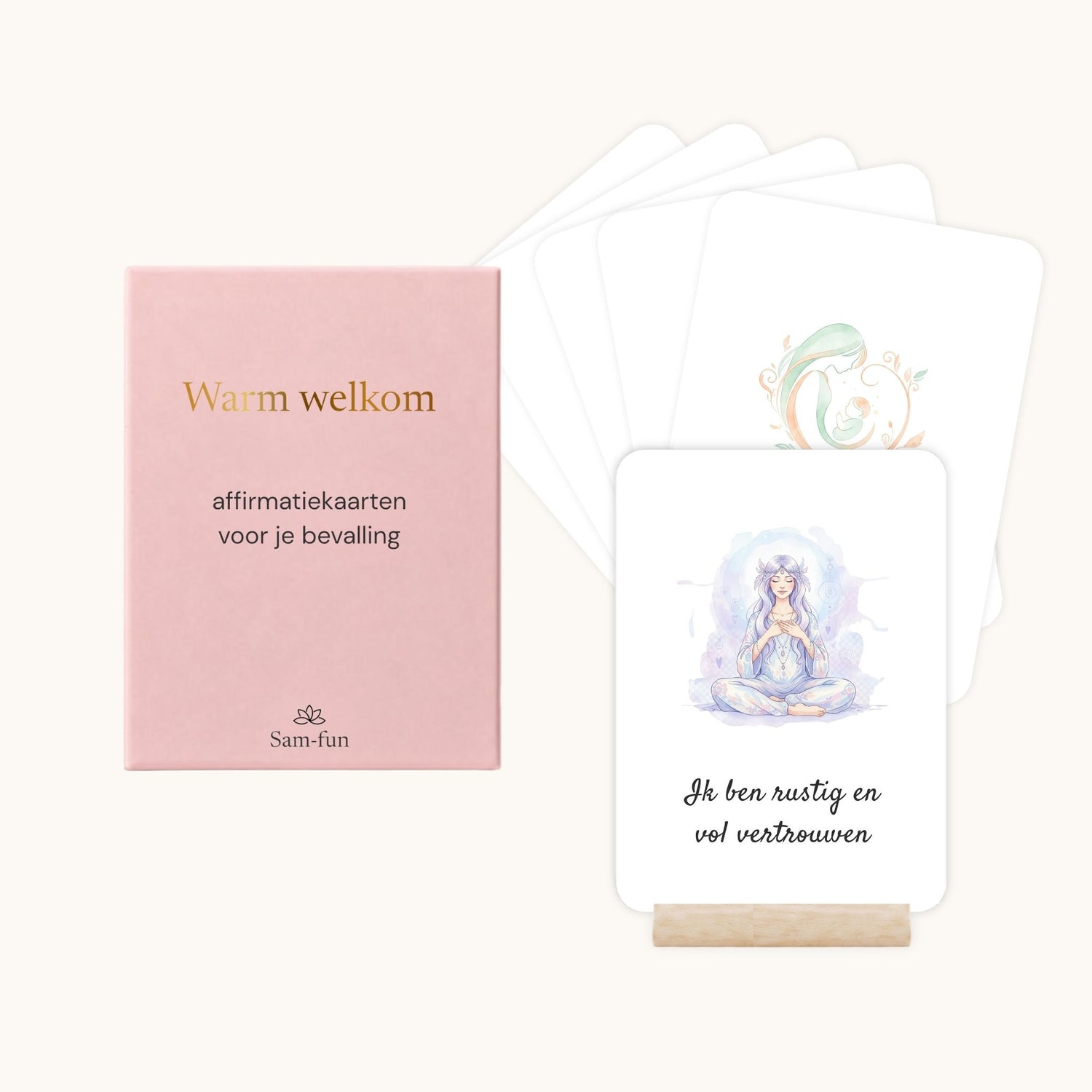 Affirmatiekaarten voor de bevalling in boho aquarel met houten houder