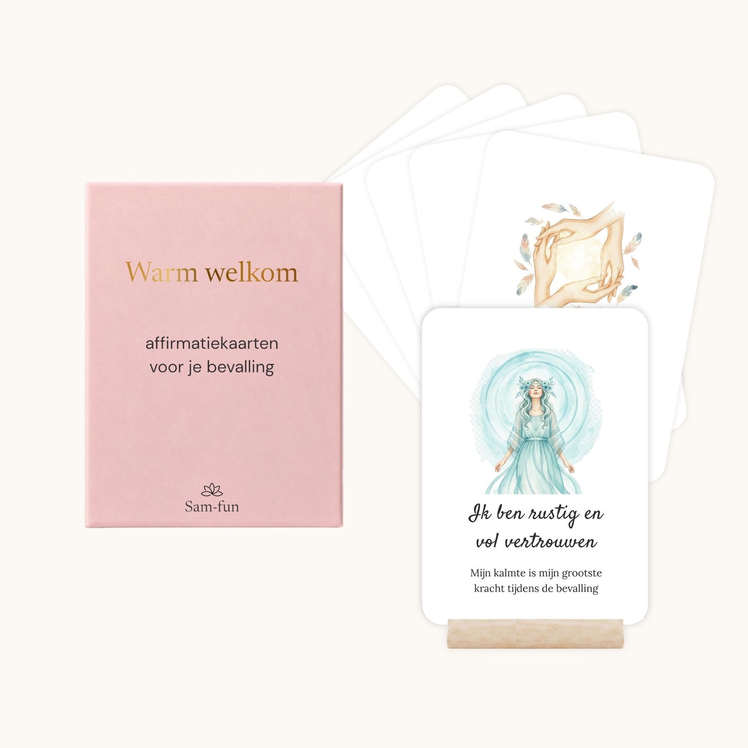 Affirmatiekaarten voor de bevalling met subtekst in boho aquarel met houten houder