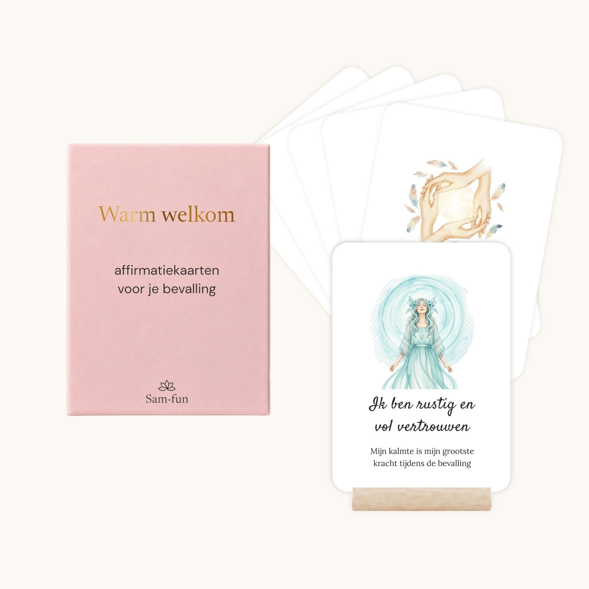 Affirmatiekaarten voor de bevalling met subtekst in boho aquarel met houten houder