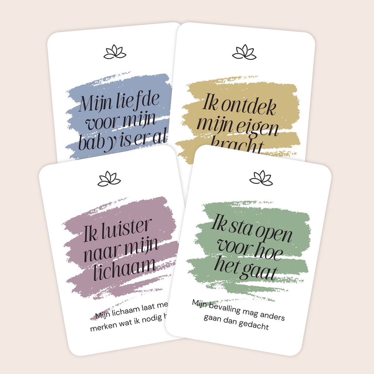 Voorbeelden van affirmatiekaarten voor je bevalling in minimalistische stijl met subtekst