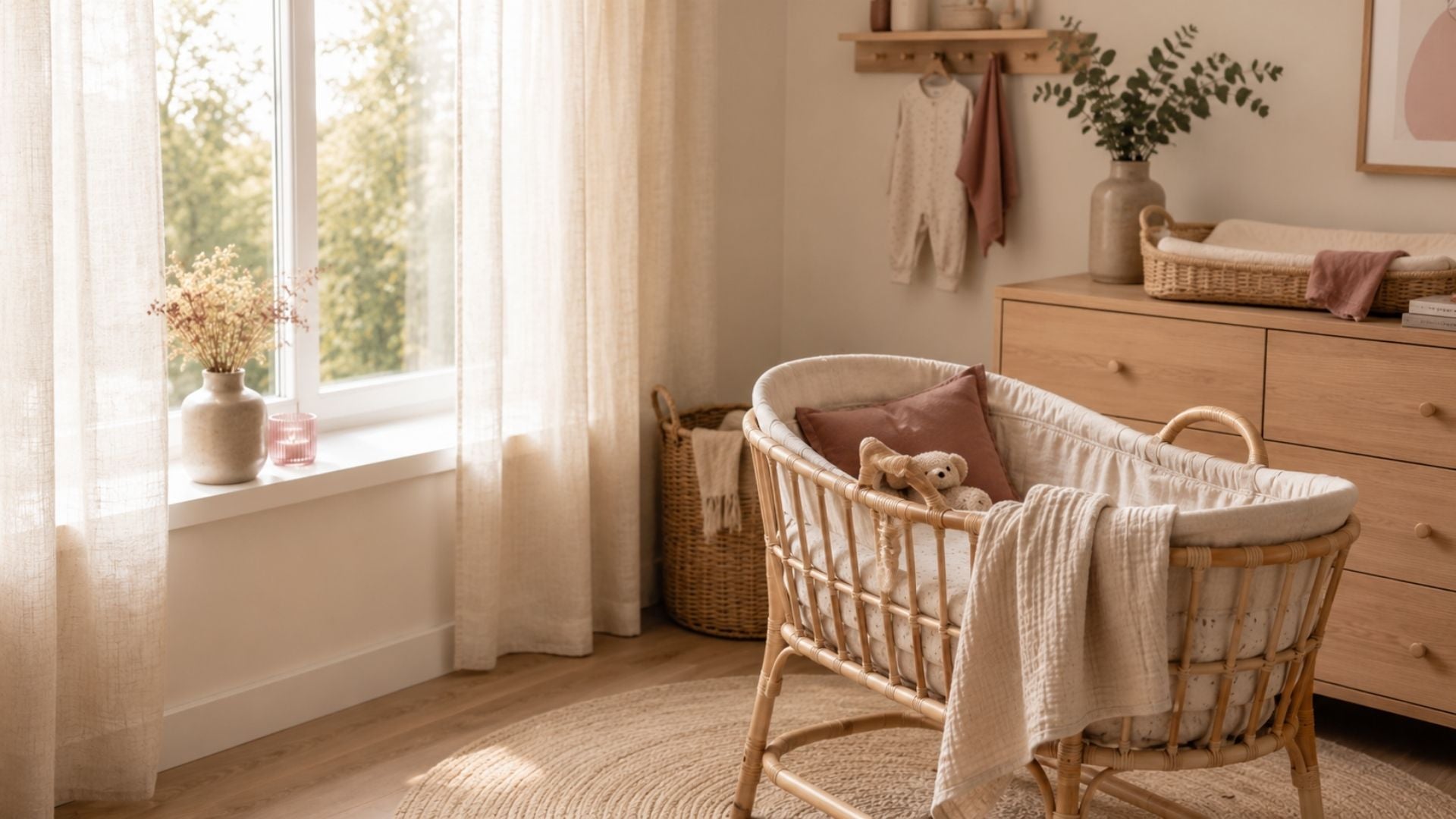 Rustige babykamer met een ingepakte wieg in warm ochtendlicht, een sfeervolle voorbereiding op de komst van de baby in een huiselijke omgeving.