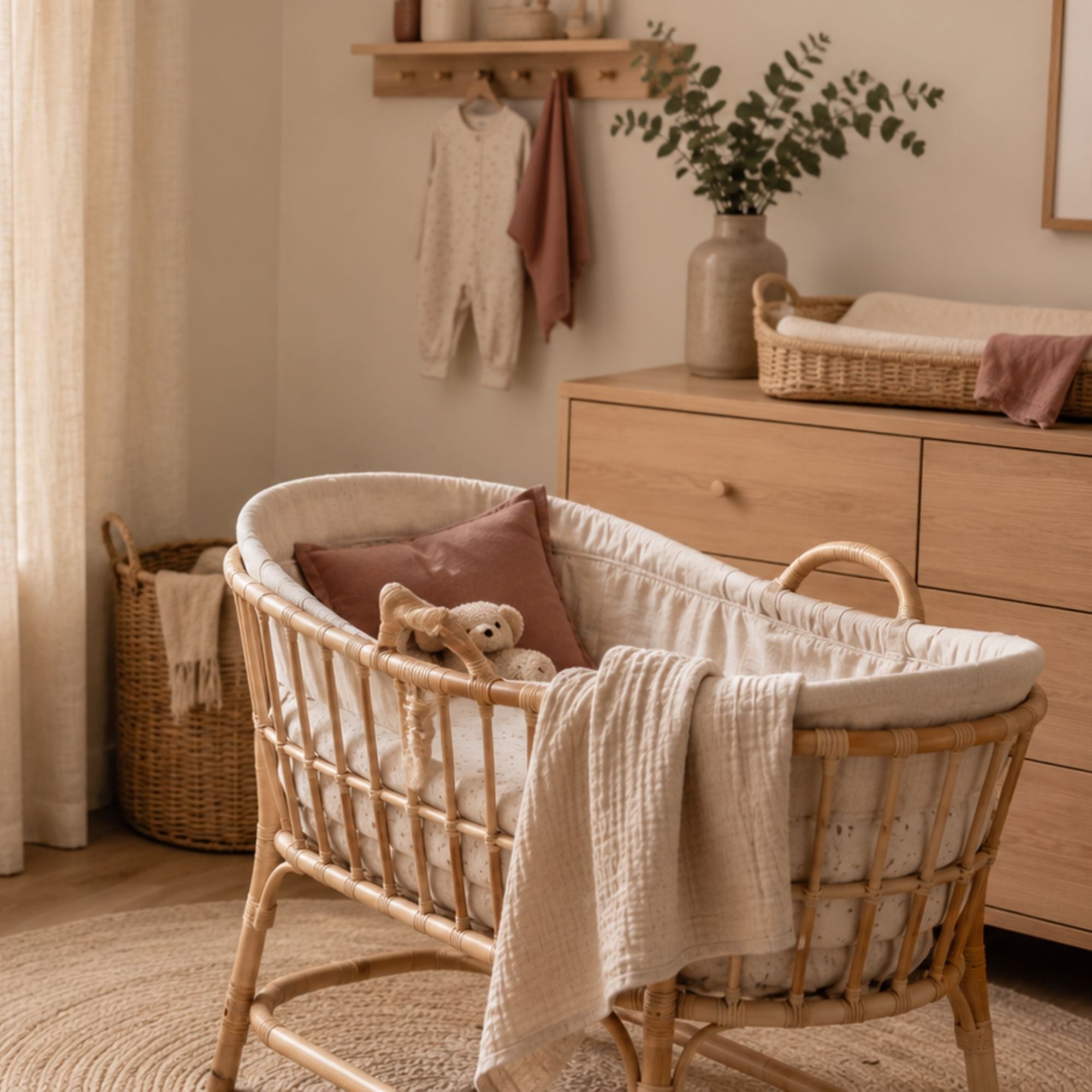 Rustige babykamer met een ingepakte wieg in warm ochtendlicht, een sfeervolle voorbereiding op de komst van de baby in een huiselijke omgeving.