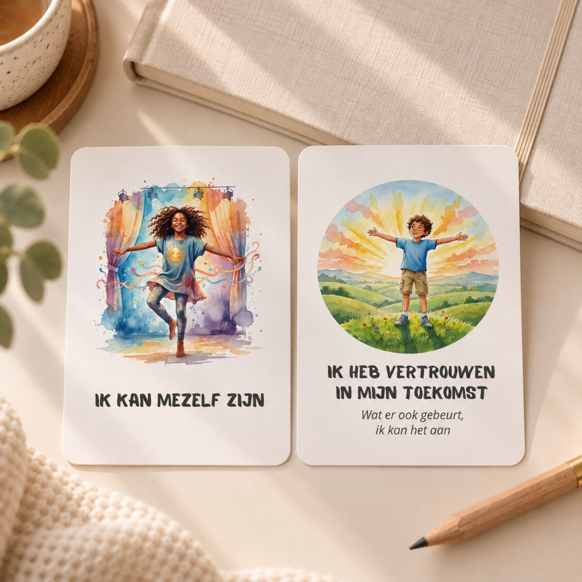 Twee affirmatiekaarten voor kinderen naast elkaar op een licht porseleinkleurig bureau, met een korte affirmatie en een affirmatie met subtekst.