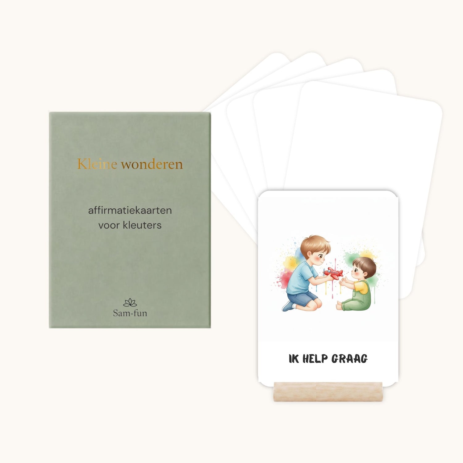 Affirmatiekaarten voor kleuters in aquarelstijl voor jongens met houten houder