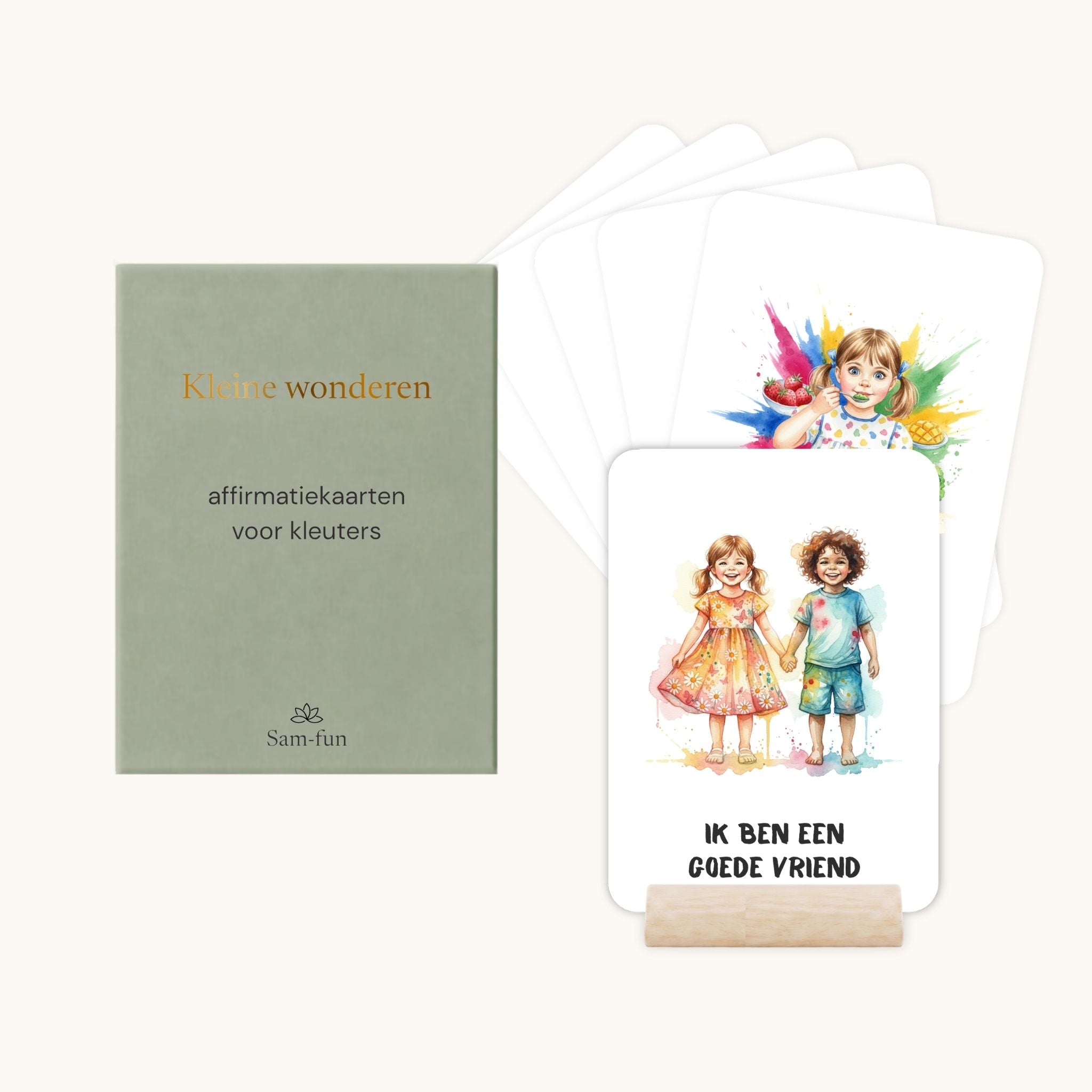Affirmatiekaarten voor kleuters in aquarelstijl voor meisjes met houten houder