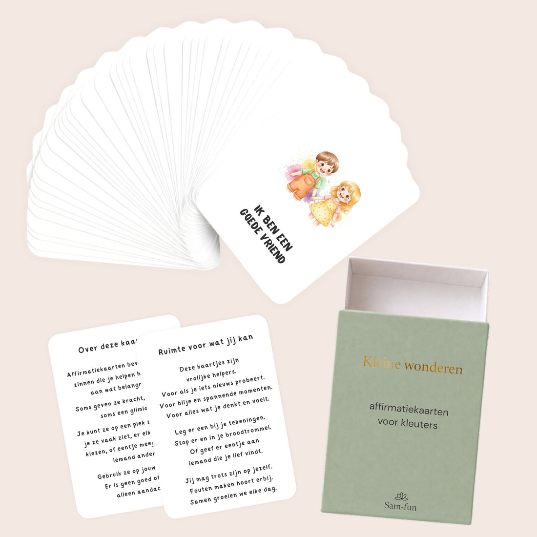 Inhoud van de affirmatiekaartenset voor kleuters met illustraties in aquarel voor jongens