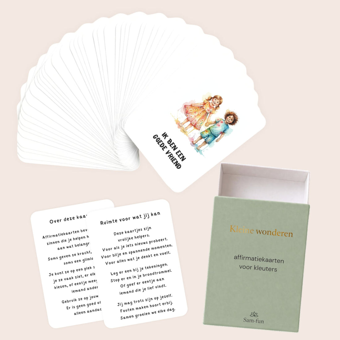 Inhoud van de affirmatiekaartenset voor kleuters met illustraties in aquarel voor meisjes