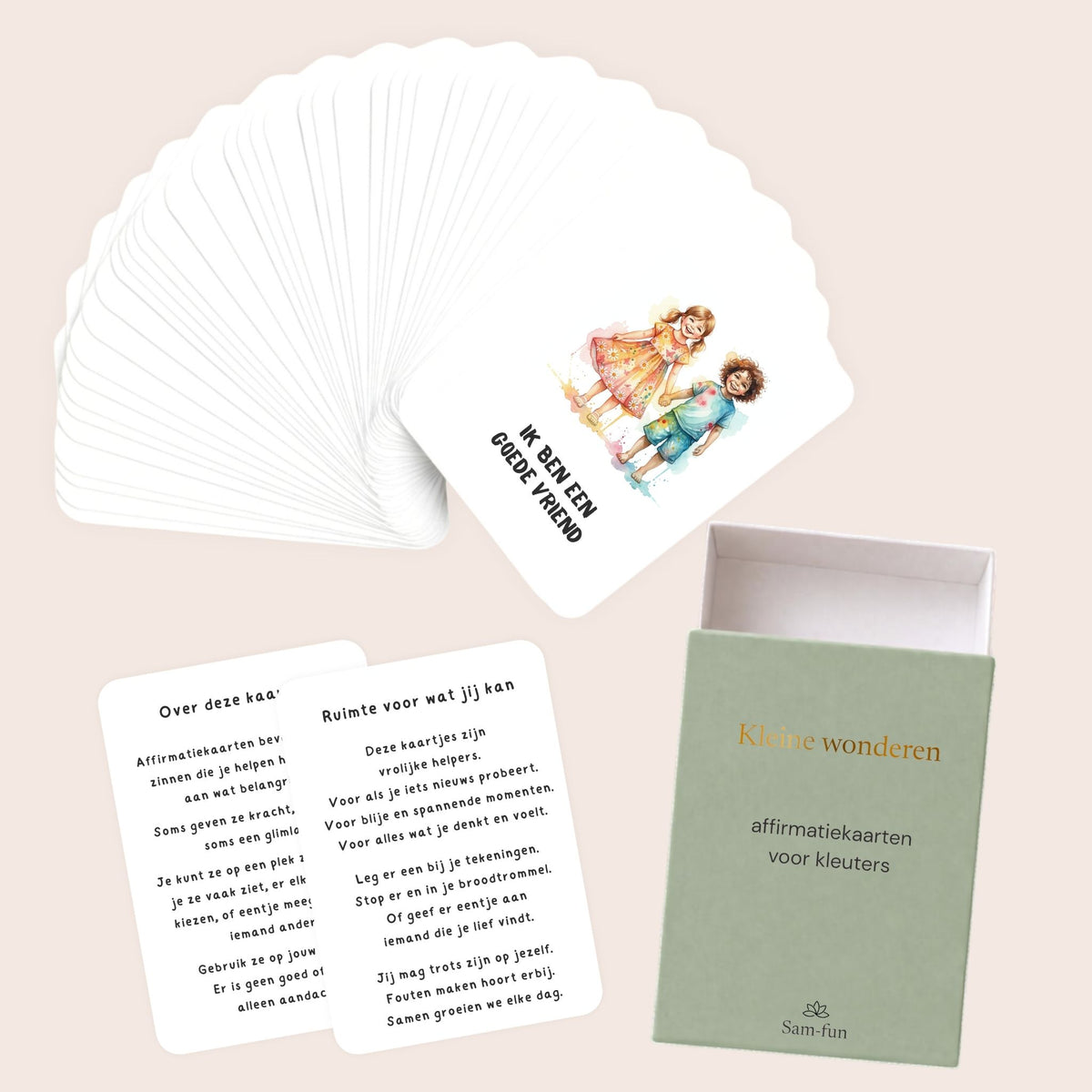 Inhoud van de affirmatiekaartenset voor kleuters met illustraties in aquarel voor meisjes