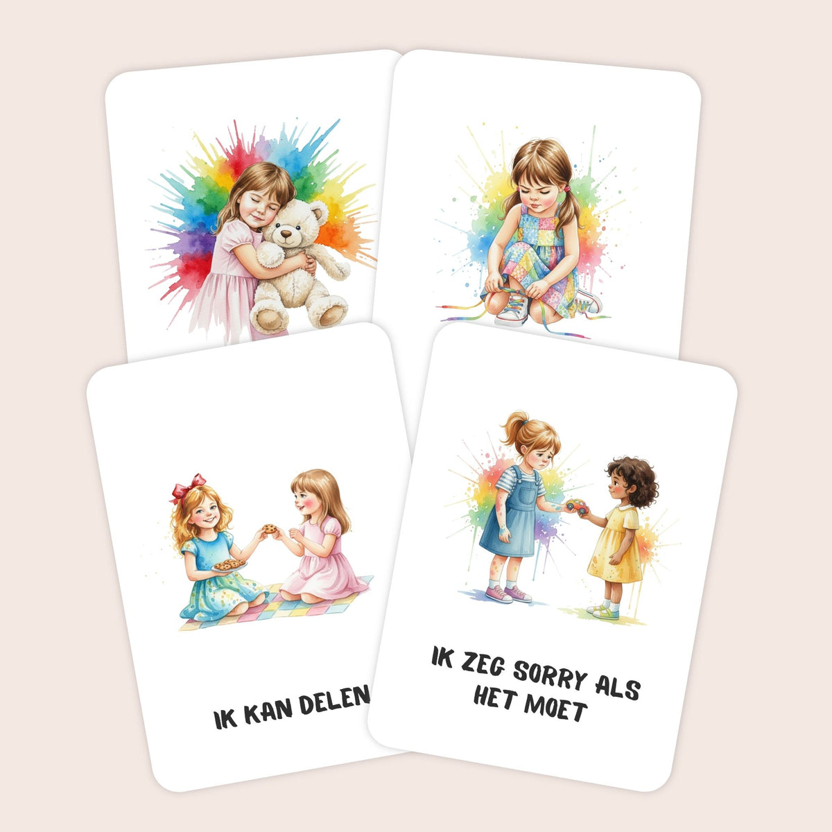 Voorbeelden van affirmatiekaarten voor kleuters met illustraties in aquarel voor meisjes